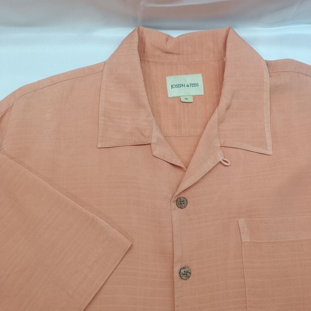 Joseph & Feiss Mens XL Peach‎ 100% Silk Short Sleeve Camp Shirt Windowpane Beach